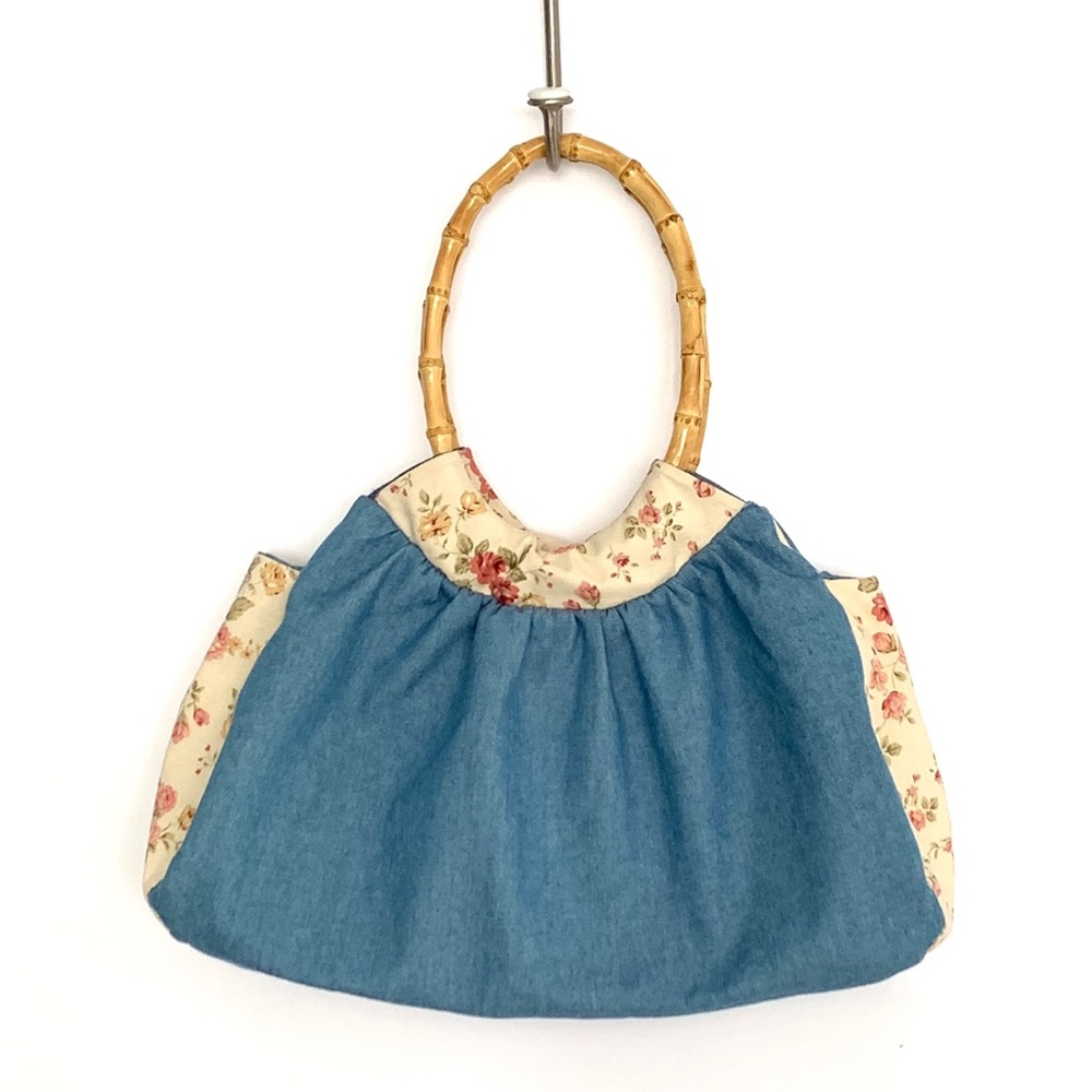 Vintage Shabby Chic Chambray Bamboo Handle Bag